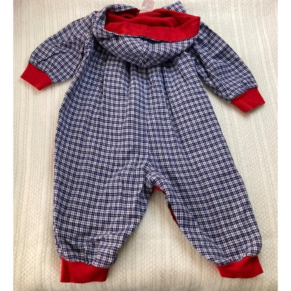 Infants Vintage Hooded‎ Plaid Coverall Bear Blue White Red Cotton 6 - 9mos